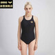 阿瑞娜连体无袖三角泳衣抗氯显瘦遮肚弹力舒适面料专业运动游泳衣黑
