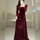 Long-sleeved square neck toast dress for brides new velvet fishtail dress spring engagement party dressing gown dress burgundy_length 140 cm L