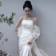 Fiber French satin white tube top fairy puff sleeve dressing gown bride wedding out light wedding dress toast evening dress white ready L