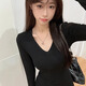 Yiyi long-sleeved T-shirt for women with v-neck bottoming shirt can be worn outside 2026 new spring hot girl slim top black and white right shoulder right shoulder V-neck long-sleeved T-shirt black M recommended 85-105Jin Jin is equal to 0.5 kg