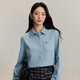 INMAN pure cotton simple commuter long-sleeved shirt for women 2025 autumn retro embroidered loose lapel corduroy shirt light aqua XL