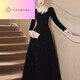 NJTD black evening dress high-end light luxury niche French Hepburn style host female banquet art test ceremony black long sleeves M