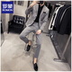 Luo Meng Summer Thin Handsome Striped Small Suit Men's Suit Korean Slim Casual Suit Jacket Groom Wedding Dress Striped Dark Gray One Piece Suit S
