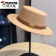 Woodpecker Hepburn style French belt decorated woolen flat top hat female British socialite retro all-match jazz hat khaki color adult 54-60 adjustable