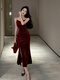 
Simplified 2024 new French retro velvet waist tight slit hip suspender skirt inner long skirt 9737-Brew Red Wine Red m