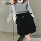 MO&Co. Casual Pants Spring and Autumn Sheep Wool Worsted Mid-Low Rise Loose A-line Pleated Black Shorts (With Belt) Black L