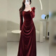 Long-sleeved square neck toast dress for brides new velvet fishtail dress spring engagement party dressing gown dress burgundy_length 140 cm L