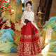Han Yukuis ursprünglicher Ming-Ming-Hanfu-Rock für den Frauen mit dem Hufegesicht für Frühling für den Frühling verbesserte tägliche Superfee Neue chinesische Rock mit dem chinesischen Pferd. Voller Set weiße Doppelbastel-Top + Marine Blaudruckgedruckte Rock L.