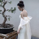 Fiber French satin white tube top fairy puff sleeve dressing gown bride wedding out light wedding dress toast evening dress white ready L