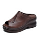 Family Lady (Qinqingfuren) Cuero genuino de cuero grueso Sandalias de boca de pescado de tacón grueso para mujeres Toe Toehide retro sandalias de madre abiertas hechas a mano verano Nuevo estilo marrón 35