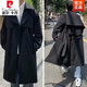 Pierre cardin spring and autumn men's jacket fat trench coat men's large size mid-length windbreaker men's double-breasted over-knee jacket men's knitted black [belt] 2XL