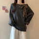 RWNNNI American retro leopard print slanted shoulder sweater for women, autumn and winter style, lazy, loose, Western style, European and American style new style knitted sweater top, gray [Follow the store for priority delivery] S [75-90Jin[Jin equals 0.5kg]]