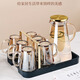 MIDOC light luxury glass water cup set, home living room design water set, family drinking cup, tea cup set for entertaining guests, six amber handle cups + gold stand + amber pot + gold mirror plate