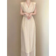 EINDKAD French long skirt texture and embellishment style high-end exquisite apricot waist-hugging sleeveless dress for women summer apricot dress M