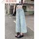 Rongxitu Hong Kong Style Design und Waschen hoher Taille Weitbein-Jeans kleines loses Temperament Retro schlanker gerade neunbeinhöfe schwarz 3888 m