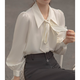 Harudi white long-sleeved shirt women's French bow spring and autumn chiffon commuting design lantern sleeve ribbon professional top white L (recommended 110-130)