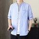 Yaoxin Henry collar cotton and linen long-sleeved shirt men's spring and autumn men's early autumn casual shirt short-sleeved inch shirt 2025 new style CS8K02 mid-sleeve green M 90110Jin Jin is equal to 0.5 kg