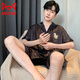 Catman (MiiOW) new men's pajamas summer short-sleeved pants solid color black summer thin boys ice real silk home clothing set G723 2XL (height about 180 and weight 150-175