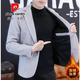 Pierre Cardin autumn and winter velvet solid color small suit men's trendy slim and handsome single suit business casual woolen suit jacket thickened black L