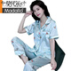 Modal Summer Women's Mulberry Silk Two-Piece Summer Short Sleeve Silk Thin Internet Celebrity Large Size Home Suit Spring and Autumn SC681 Bean Green-Double L (106-115Jin[Jin is equal to 0.5 kg])