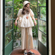 Ranqi Mommy Pregnant Summer Suit Two-Piece Cotton Hollow Shirt Top Summer Thin Fashionable and Casual Lazy Style Apricot Top + Khaki Wide Leg Pants [Set] M