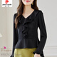 Pierre Cardin ruffled chiffon shirt women's long-sleeved spring and autumn new v-neck waist top short shirt belly-covering shirt red M