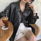 天丂韩式黑色皮衣衬衫女早春宽松百搭仿皮衣夹克外套设计感polo领上衣 黑色M【建议105斤以下】