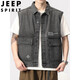 JEEP SPIRIT新款高街复古男士工装牛仔马甲灰色时尚背心无袖坎肩春秋季大口袋 9215#黑色 2XL (建议体重170-190斤)