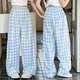 
OVE girls wide-leg pants spring and autumn 2025 new children's pants spring and summer sports pants large children's girls' blue plaid pants 15266 blue + 15276 meters white 120 cm