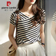 Pier Cardin Camiseta de manga corta a rayas francesas para mujeres en el verano 2025 Nuevo suéter en V deglido delgada suelta Top DX829# Color rayado M Recomendado 100-115Jin [Jin iguala 0.5 kg]