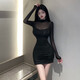 El temperamento de Lanni Shifei y el club nocturno de celebridades Feel Firl Hot Girl Perspective Perspective Mesh Spiling Manga larga Falda corta Vestido de cadera apretada para mujeres Negro M