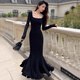 Junyao black fishtail skirt dress women's skirt autumn new high-end hip-hugging skirt French evening dress tight pure lust Bu Bu Shenglian long-sleeved slim fishtail skirt S Recommended 110Jin Jin is equal to within 0.5 kg