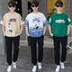 VZVG teenager short-sleeved T-shirt men summer high school junior high school handsome suit boy big children half-sleeved top fashion 9711 black (short-sleeved + pants) XL [110-130Jin [Jin equals 0.5 kg]]
