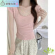
Kuixi real-price pure slim U-neck bamboo joint cotton short-sleeved T-shirt for women in summer front shoulders sexy collarbone waist-hugging top 1391# light pink S