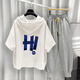 Sommer Pinli Hong Kong Style Hooded Short Sleeve Set Herren Sommer Trendy Printed T-Shirt Complete Set Weiß T5019+Black 9215 2xl Geeignet (150-180Jin [Jin ist gleich 0,5 kg])