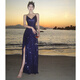 Spring Man Hepburn Style Vestido de noche sexy de lentejuelas sexy francesas para mujeres con súper largo vestido de suspensión de cuello en V de corte bajo L Azul L
