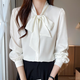 Finidongjue European French White Shirt Frauen langärmelte Bogen Chiffon Top Spring- und Herbst-Neutemperament Streamer-Basishemd Blau 9276 S _80-95jin [Jin ist 0,5 kg]