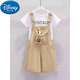 Disney Girls Kurzärärmungsanzug Sommer 2025 Neue Kinder mit mittlerer Ärmel Casual Little Girl Mode-Gurt-Shorts T-Shirt Khaki (Kurzärärmelte + Overalls) 150 Empfohlene Höhe von 145 cm