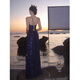 Spring Man Hepburn Style Vestido de noche sexy de lentejuelas sexy francesas para mujeres con súper largo vestido de suspensión de cuello en V de corte bajo L Azul L
