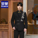 ROMON New Chinese style Chinese tunic suit with golden bamboo embroidery suit for men, green fruit collar, high-end, loose, small suit jacket, black suit + pants + gold embroidered black shirt XL