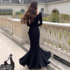 Junyao black fishtail skirt dress women's skirt autumn new high-end hip-hugging skirt French evening dress tight pure lust Bu Bu Shenglian long-sleeved slim fishtail skirt S Recommended 110Jin Jin is equal to within 0.5 kg