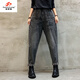 Fanzelang (Fanzelang) Frühlings- und Herbst Lose Jeans für Frauen Schlanker lässiger Haremhose hohe Taille große geschnittene Hosen Karottenhose Dad Hose 826# Denim Blau geschnittene Hose dünn m