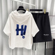 Sommer Pinli Hong Kong Style Hooded Short Sleeve Set Herren Sommer Trendy Printed T-Shirt Complete Set Weiß T5019+Black 9215 2xl Geeignet (150-180Jin [Jin ist gleich 0,5 kg])