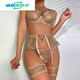 Caile SexylingerieSets sexy metal chain bra garter belt thong leg circumference S apricot