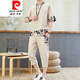 
Pierre cardin Chinese style men's Tang suit summer Hanfu short-sleeved T-shirt retro style loose casual large size set of clothes Apricot color 687 set top + pants 2 pieces in total XL