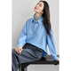 Chandubila 100% Cotton College Style Shirt Women's New Year Comfortable Long Sleeve Top Loose Casual Shirt Blue L