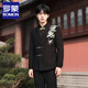 ROMON New Chinese style Chinese tunic suit with golden bamboo embroidery suit for men, green fruit collar, high-end, loose, small suit jacket, black suit + pants + gold embroidered black shirt XL