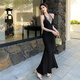 Weiaijiexiaosongshu 2025 spring and summer new French beaded halter neck dress women's dress long skirt famous style waist pack hip fish tail skirt apricot color equal size
