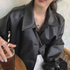 天丂韩式黑色皮衣衬衫女早春宽松百搭仿皮衣夹克外套设计感polo领上衣 黑色M【建议105斤以下】