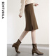 Shandubila Autumn and Winter Seiko 12-needle fashionable slit high-waisted woolen hip midi skirt, red coffee color M
